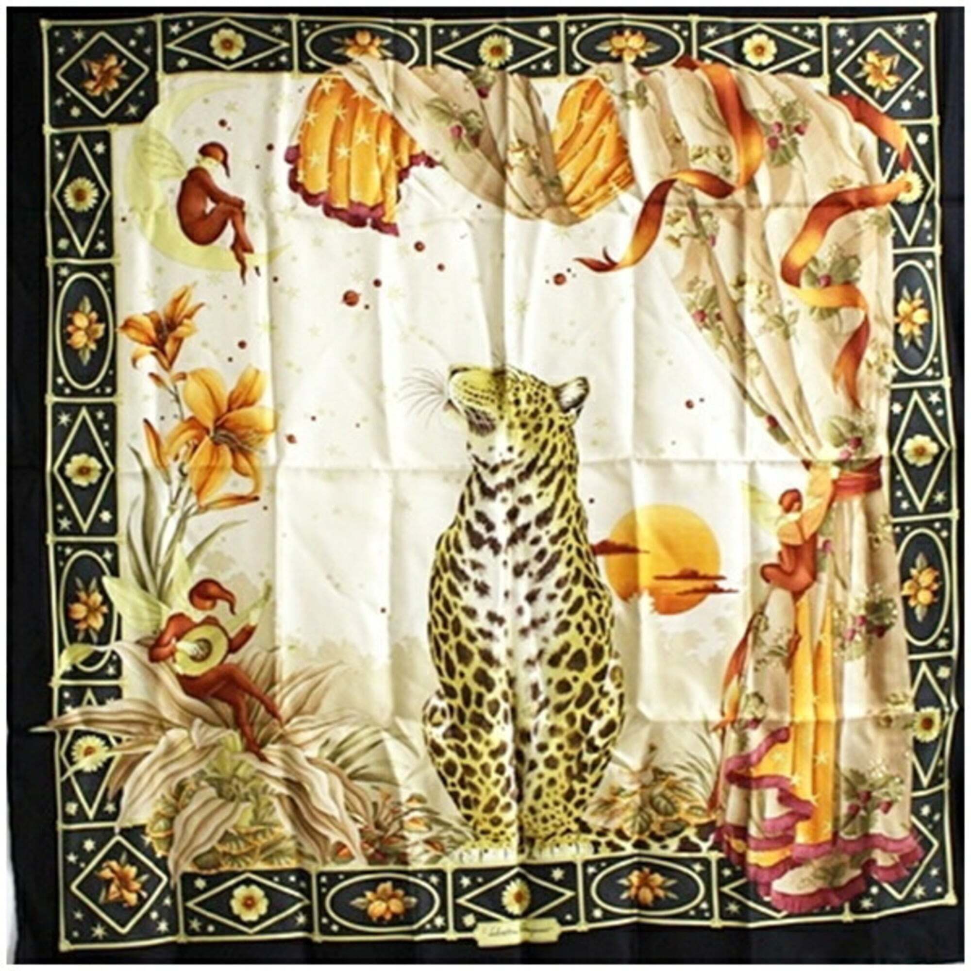 Salvatore Ferragamo Silk Scarf/Muffler In Black And Beige, Leopard Print - Wo...